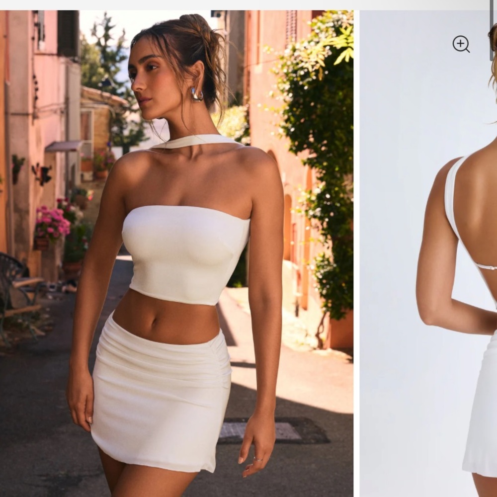 Choker Detail Bandeau top in White & Ruched Mid Rise Mini Skirt in White